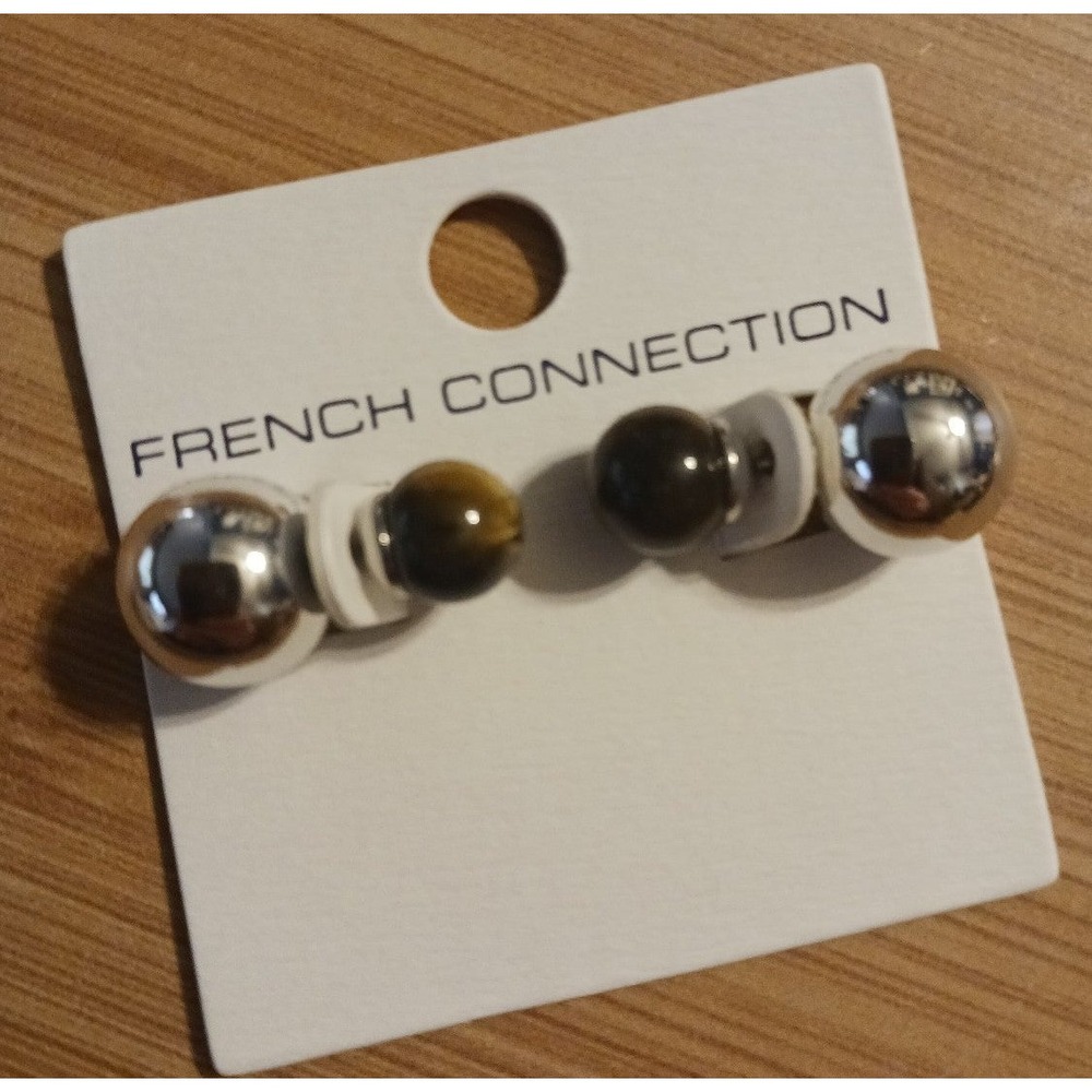 NEW‎ French Connection Round Tigers Eye & Silver Double Sided Earrings
